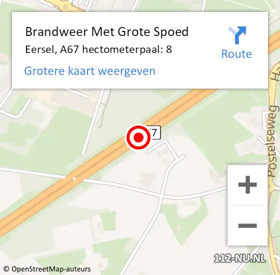 Locatie op kaart van de 112 melding: Brandweer Met Grote Spoed Naar Eersel, A67 hectometerpaal: 8 op 10 april 2022 13:32