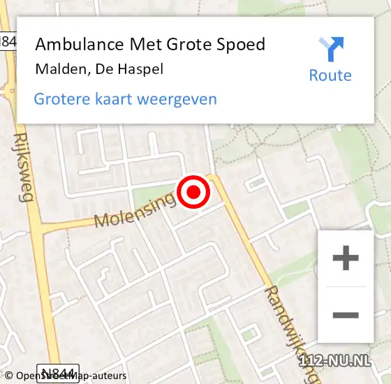 Locatie op kaart van de 112 melding: Ambulance Met Grote Spoed Naar Malden, De Haspel op 10 april 2022 13:51