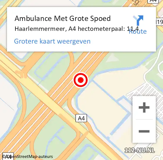 Locatie op kaart van de 112 melding: Ambulance Met Grote Spoed Naar Haarlemmermeer, A4 hectometerpaal: 11,4 op 10 april 2022 14:10