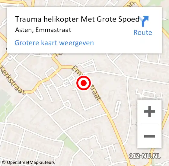 Locatie op kaart van de 112 melding: Trauma helikopter Met Grote Spoed Naar Asten, Emmastraat op 10 april 2022 14:34