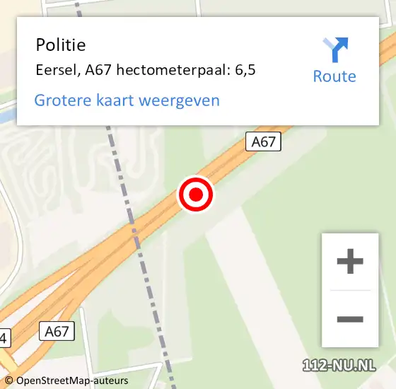 Locatie op kaart van de 112 melding: Politie Eersel, A67 hectometerpaal: 6,5 op 10 april 2022 17:21