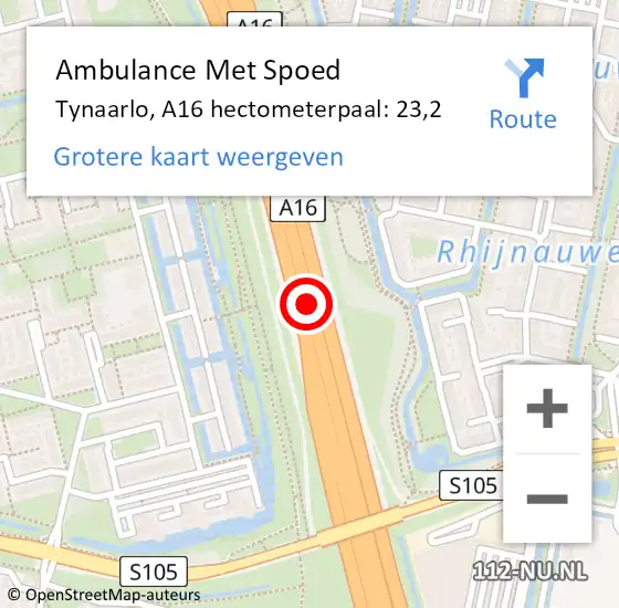 Locatie op kaart van de 112 melding: Ambulance Met Spoed Naar Tynaarlo, A16 hectometerpaal: 23,2 op 10 april 2022 20:03