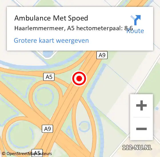 Locatie op kaart van de 112 melding: Ambulance Met Spoed Naar Haarlemmermeer, A5 hectometerpaal: 8,6 op 10 april 2022 21:18