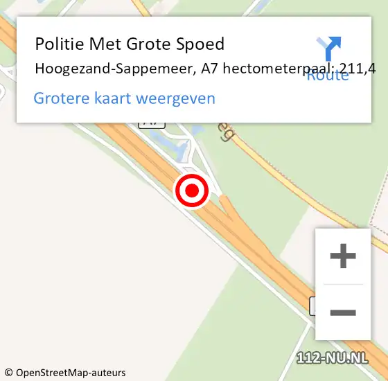 Locatie op kaart van de 112 melding: Politie Met Grote Spoed Naar Hoogezand-Sappemeer, A7 hectometerpaal: 211,4 op 10 april 2022 22:57