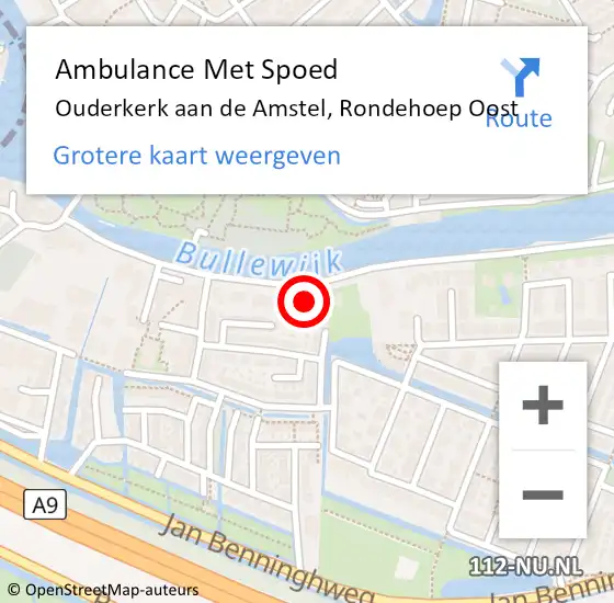 Locatie op kaart van de 112 melding: Ambulance Met Spoed Naar Ouderkerk aan de Amstel, Rondehoep Oost op 10 april 2022 23:28