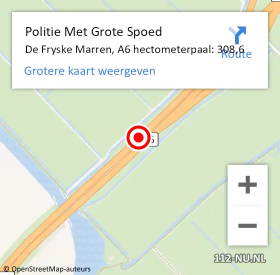 Locatie op kaart van de 112 melding: Politie Met Grote Spoed Naar De Fryske Marren, A6 hectometerpaal: 308,6 op 10 april 2022 23:37