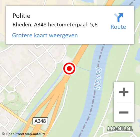 Locatie op kaart van de 112 melding: Politie Rheden, A348 hectometerpaal: 5,6 op 10 april 2022 23:39