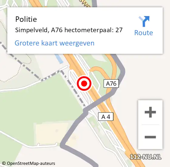 Locatie op kaart van de 112 melding: Politie Simpelveld, A76 hectometerpaal: 27 op 11 april 2022 02:54