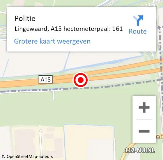 Locatie op kaart van de 112 melding: Politie Lingewaard, A15 hectometerpaal: 161 op 11 april 2022 03:25