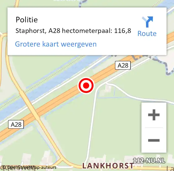 Locatie op kaart van de 112 melding: Politie Staphorst, A28 hectometerpaal: 116,8 op 11 april 2022 05:46