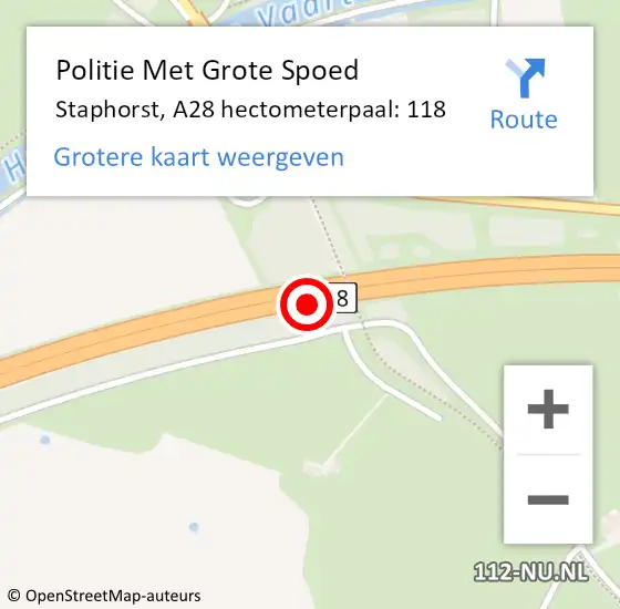 Locatie op kaart van de 112 melding: Politie Met Grote Spoed Naar Staphorst, A28 hectometerpaal: 118 op 11 april 2022 05:47