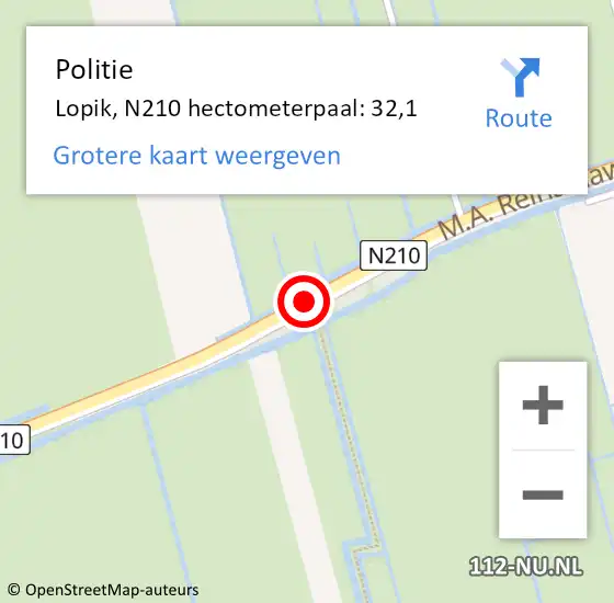 Locatie op kaart van de 112 melding: Politie Lopik, N210 hectometerpaal: 32,1 op 11 april 2022 05:59