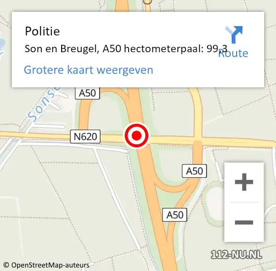 Locatie op kaart van de 112 melding: Politie Son en Breugel, A50 hectometerpaal: 99,3 op 11 april 2022 06:49
