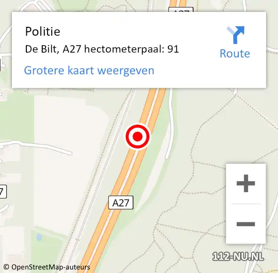 Locatie op kaart van de 112 melding: Politie De Bilt, A27 hectometerpaal: 91 op 11 april 2022 07:32