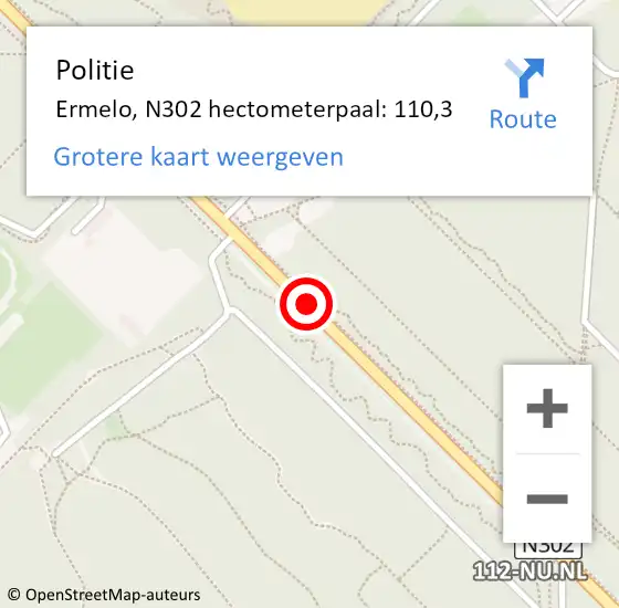 Locatie op kaart van de 112 melding: Politie Ermelo, N302 hectometerpaal: 110,3 op 11 april 2022 09:03