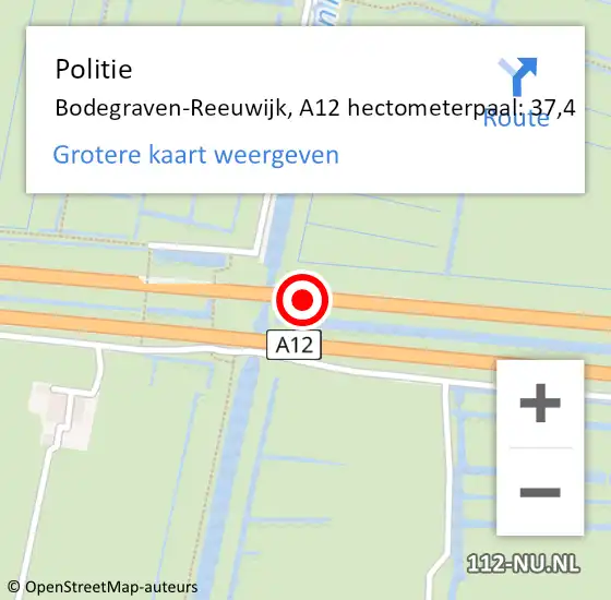 Locatie op kaart van de 112 melding: Politie Bodegraven-Reeuwijk, A12 hectometerpaal: 37,4 op 11 april 2022 09:23