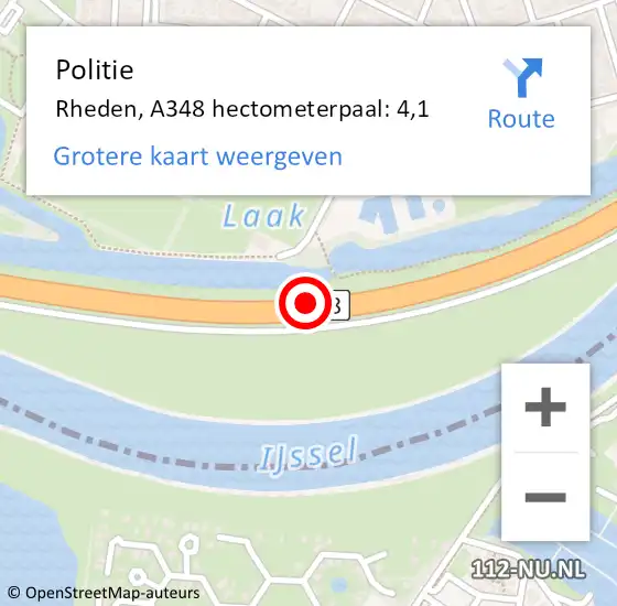 Locatie op kaart van de 112 melding: Politie Rheden, A348 hectometerpaal: 4,1 op 11 april 2022 11:51