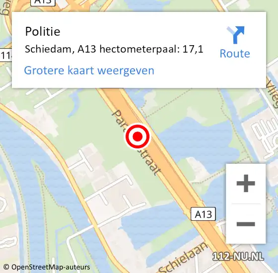 Locatie op kaart van de 112 melding: Politie Rotterdam, A13 hectometerpaal: 17,1 op 11 april 2022 12:22
