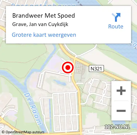 Locatie op kaart van de 112 melding: Brandweer Met Spoed Naar Grave, Jan van Cuykdijk op 11 april 2022 13:05