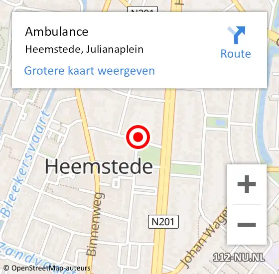 Locatie op kaart van de 112 melding: Ambulance Heemstede, Julianaplein op 11 april 2022 14:01