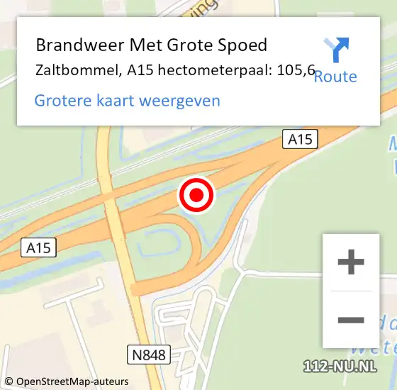 Locatie op kaart van de 112 melding: Brandweer Met Grote Spoed Naar Zaltbommel, A15 hectometerpaal: 105,6 op 11 april 2022 14:15