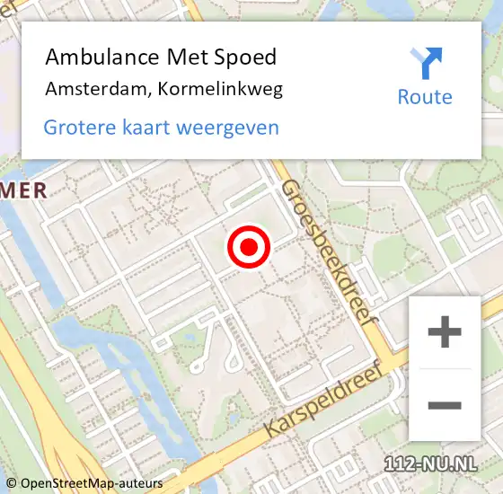 Locatie op kaart van de 112 melding: Ambulance Met Spoed Naar Amsterdam-Zuidoost, Kormelinkweg op 11 april 2022 14:42