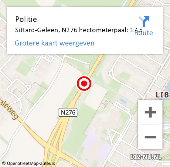 Locatie op kaart van de 112 melding: Politie Sittard-Geleen, N276 hectometerpaal: 17,5 op 11 april 2022 15:09