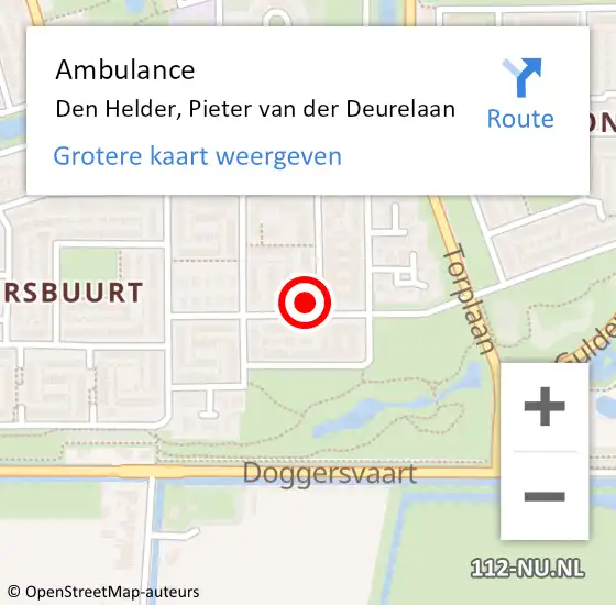 Locatie op kaart van de 112 melding: Ambulance Den Helder, Pieter van der Deurelaan op 11 april 2022 15:53