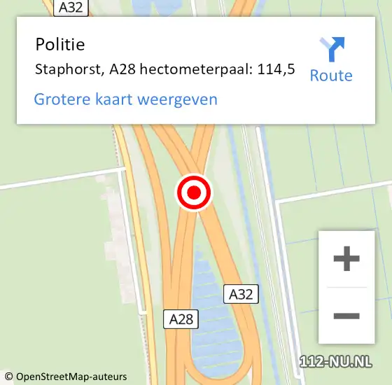 Locatie op kaart van de 112 melding: Politie Staphorst, A28 hectometerpaal: 114,5 op 11 april 2022 16:09