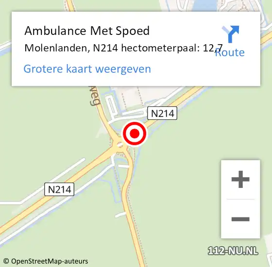 Locatie op kaart van de 112 melding: Ambulance Met Spoed Naar Molenlanden, N214 hectometerpaal: 12,7 op 11 april 2022 18:00