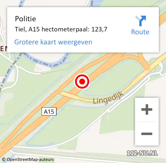 Locatie op kaart van de 112 melding: Politie Tiel, A15 hectometerpaal: 123,7 op 11 april 2022 18:00