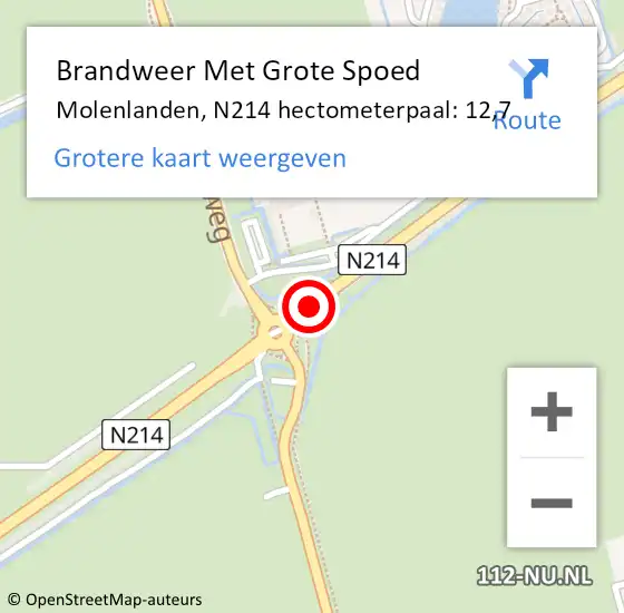 Locatie op kaart van de 112 melding: Brandweer Met Grote Spoed Naar Molenlanden, N214 hectometerpaal: 12,7 op 11 april 2022 18:05