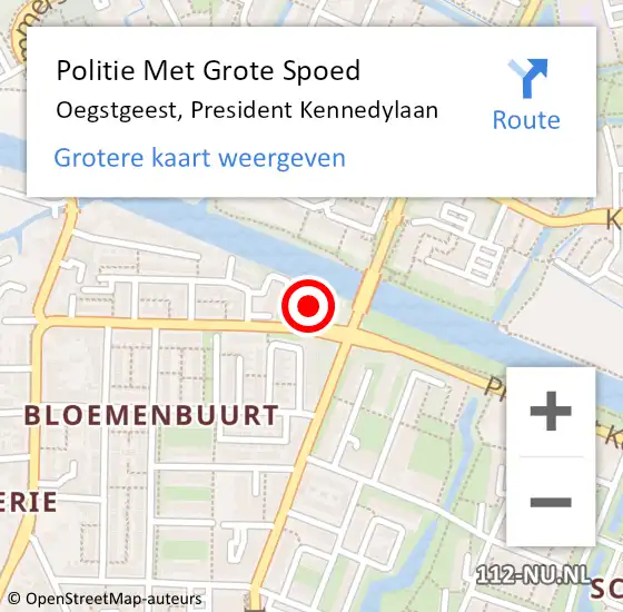 Locatie op kaart van de 112 melding: Politie Met Grote Spoed Naar Oegstgeest, President Kennedylaan op 11 april 2022 19:02