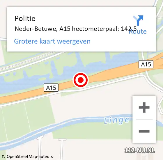 Locatie op kaart van de 112 melding: Politie Neder-Betuwe, A15 hectometerpaal: 142,5 op 11 april 2022 19:55