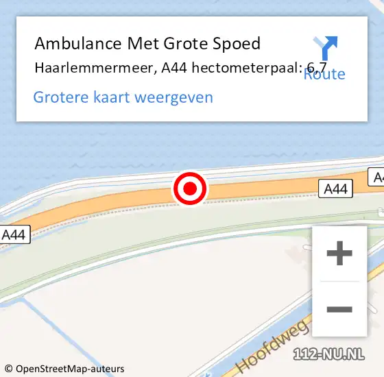 Locatie op kaart van de 112 melding: Ambulance Met Grote Spoed Naar Haarlemmermeer, A44 hectometerpaal: 6,7 op 12 april 2022 07:59