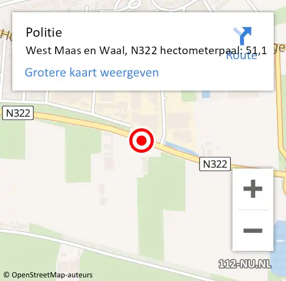 Locatie op kaart van de 112 melding: Politie West Maas en Waal, N322 hectometerpaal: 51,1 op 12 april 2022 08:50