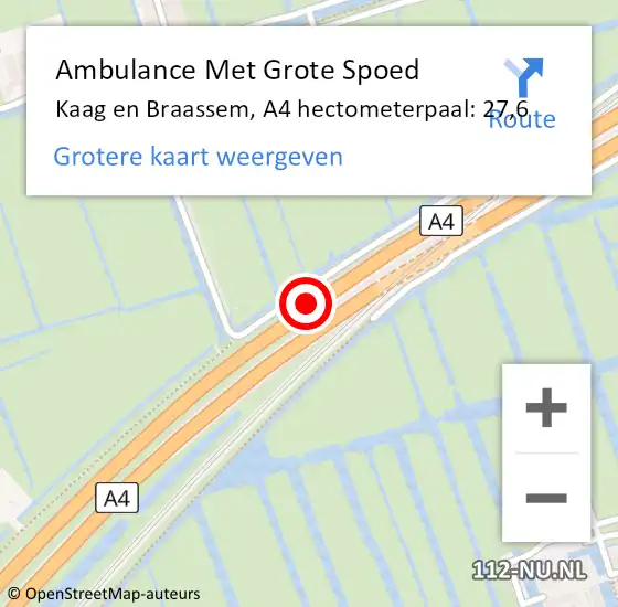 Locatie op kaart van de 112 melding: Ambulance Met Grote Spoed Naar Kaag en Braassem, A4 hectometerpaal: 27,6 op 12 april 2022 09:24