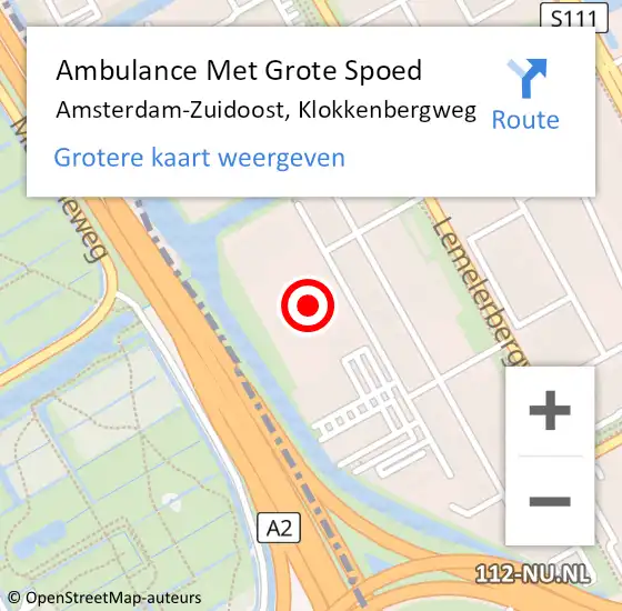 Locatie op kaart van de 112 melding: Ambulance Met Grote Spoed Naar Amsterdam-Zuidoost, Klokkenbergweg op 12 april 2022 13:56