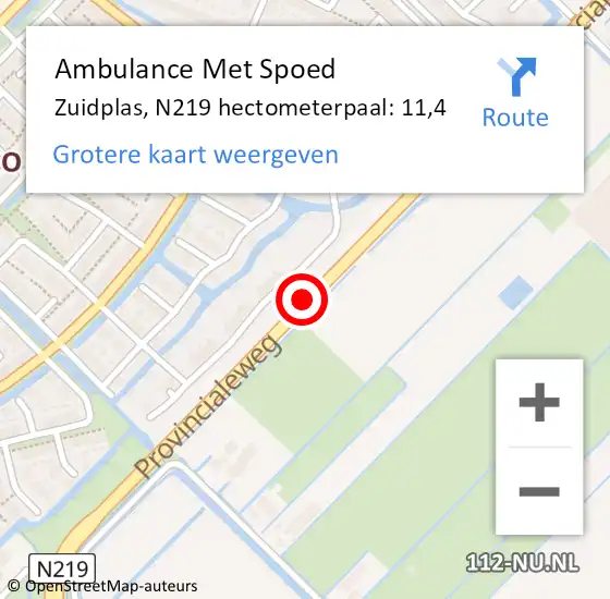 Locatie op kaart van de 112 melding: Ambulance Met Spoed Naar Zuidplas, N219 hectometerpaal: 11,4 op 12 april 2022 16:05