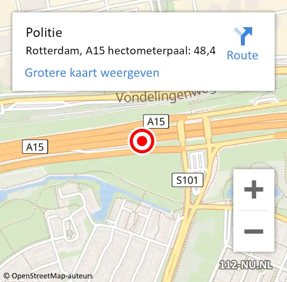 Locatie op kaart van de 112 melding: Politie Rotterdam, A15 hectometerpaal: 48,4 op 12 april 2022 16:46