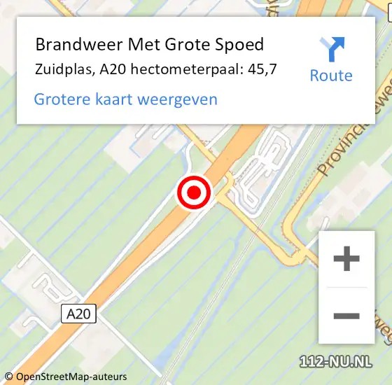 Locatie op kaart van de 112 melding: Brandweer Met Grote Spoed Naar Zuidplas, A20 hectometerpaal: 45,7 op 12 april 2022 17:46