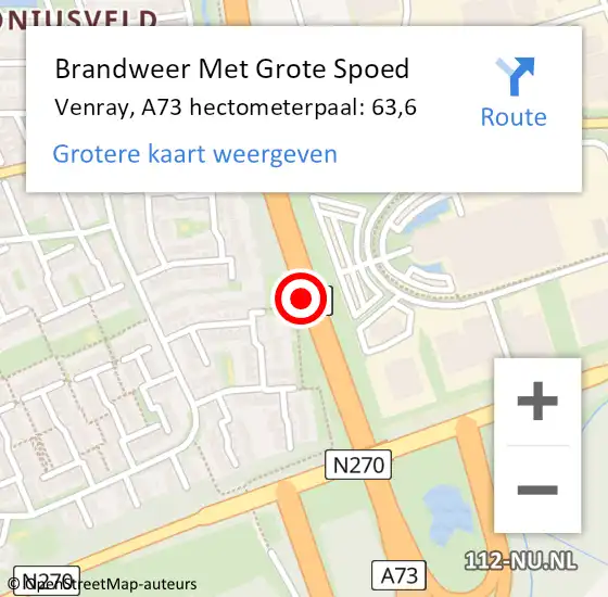 Locatie op kaart van de 112 melding: Brandweer Met Grote Spoed Naar Venray, A73 hectometerpaal: 63,6 op 12 april 2022 18:44