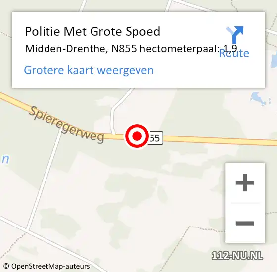 Locatie op kaart van de 112 melding: Politie Met Grote Spoed Naar Midden-Drenthe, N855 hectometerpaal: 1,9 op 12 april 2022 18:55