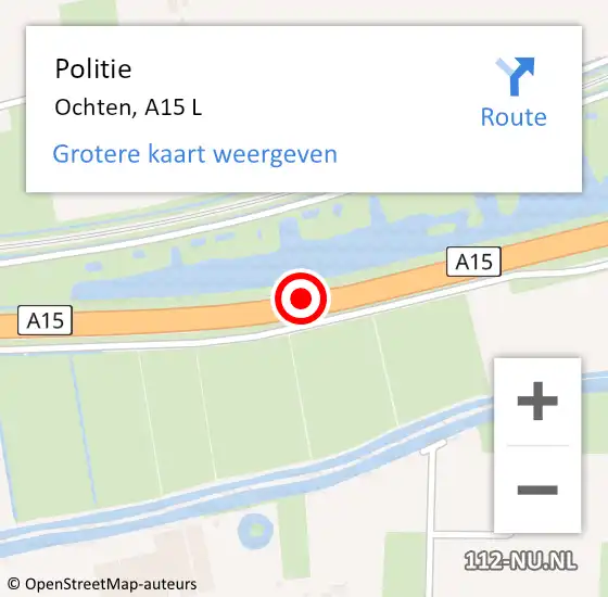 Locatie op kaart van de 112 melding: Politie Neder-Betuwe, A15 hectometerpaal: 142,1 op 13 april 2022 03:06