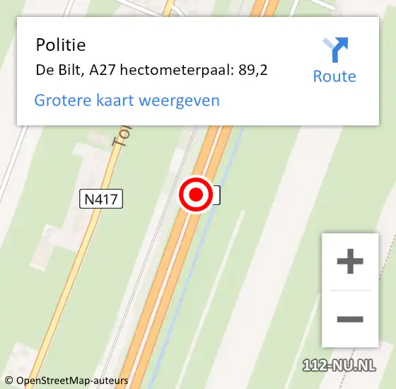 Locatie op kaart van de 112 melding: Politie De Bilt, A27 hectometerpaal: 89,2 op 13 april 2022 07:37