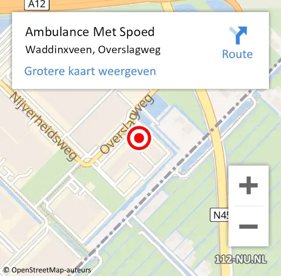 Locatie op kaart van de 112 melding: Ambulance Met Spoed Naar Waddinxveen, Overslagweg op 13 april 2022 08:08