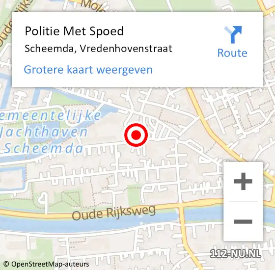 Locatie op kaart van de 112 melding: Politie Met Spoed Naar Scheemda, Vredenhovenstraat op 13 april 2022 08:31