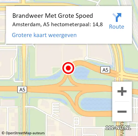 Locatie op kaart van de 112 melding: Brandweer Met Grote Spoed Naar Amsterdam, A5 hectometerpaal: 14,8 op 13 april 2022 10:44