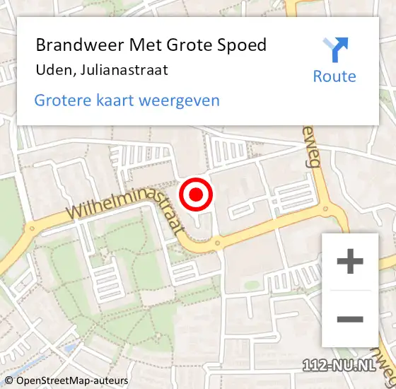Locatie op kaart van de 112 melding: Brandweer Met Grote Spoed Naar Uden, Julianastraat op 13 april 2022 11:33