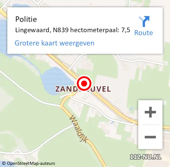 Locatie op kaart van de 112 melding: Politie Lingewaard, N839 hectometerpaal: 7,5 op 13 april 2022 14:01